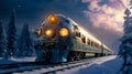 Retrofuturistic Steampunk Train in High-Speed Motion, snow, generative ai