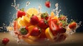 Capture dynamic splashes of food in flying Asian food photography. Flying strawberry & banana chunks as the main subject