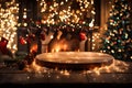 Capture the enchanting ambiance of Christmas night with a rustic wood table in the foreground, set against a background of Royalty Free Stock Photo