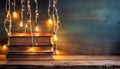 Tranquil Reading Nook: Rustic Shelf and Illumination Royalty Free Stock Photo