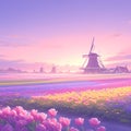 Vibrant Dutch Tulip Field at Sunrise Royalty Free Stock Photo