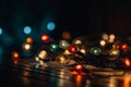 Ai Generative Christmas lights on dark background, closeup. Festive decoration concept Royalty Free Stock Photo