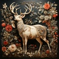 Christmas card design of a majestic white stag, with large antlers, surrounded by fauna and flora