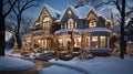 Cozy Modern Suburban Home Aglow with Christmas Lights and Falling Snow