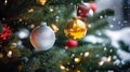 Festive Christmas Tree Close-up: Snowy Branches & Ornaments Royalty Free Stock Photo