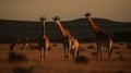 Capture the essence of community and protection as multiple giraffes gather together, their collective vigilance and watchful eyes