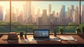 Modern Office Desk: Sleek Design, Cityscape View Royalty Free Stock Photo