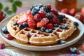 Capture the essence of a cozy morning with these waffles, a masterpiece of berries and shine, cafe menu