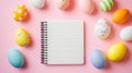 Pastel Easter Flat Lay Colorful Eggs Notebook Mockup Spring Wishes on Pink Background Royalty Free Stock Photo