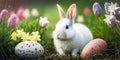 A white bunny with multicolor Easter eggs, blurred meadow flower background generative AI