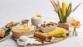 A Festa Junina food table setup, a typical treats such as corn on the cob. Brazilian food. minimalist. Generative AI.