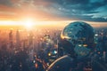 Capture the essence of globalization and urbanization with this intriguing photo featuring a globe in the midst of a bustling city