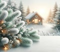 Winter Wonderland Scene with Snow-Covered Cabin and Christmas Tree, AI Generated Royalty Free Stock Photo