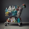 Shopping trolley filled with cleaning products and household items Royalty Free Stock Photo