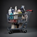Shopping trolley filled with cleaning products and household items Royalty Free Stock Photo