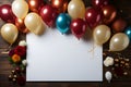 Colorful balloons and white sheet of paper on brown wooden background. Place for text with copy space