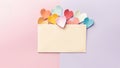 Colorful paper hearts and card in blank on pink and purple pastel background. Valentine\'s day concept. Generative AI.