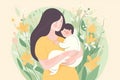 Happy mother's day concept with mom hug baby illustration with yellow background, Generative AI