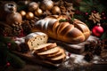 Capture the essence of New Year and Christmas with a rustic background featuring festive bread. Showcase the warmth and tradition Royalty Free Stock Photo