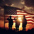 Silhouettes of Soldiers at Sunset Patriotic USA Flag Salute, ai generated