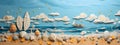 Seaside background with boats and seashells. Paper art style Ai generated