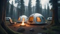 Capture the essence of a sci-fi camping experience with a wide-angle view featuring futuristic tech gadgets