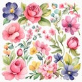 Watercolor Spring Flowers Clipart, decoration, colorfully, AI Generative