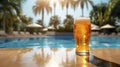 summer bliss with idyllic photo featuring a transparent glass of light cold beer, a poolside delight. Ai generated Royalty Free Stock Photo