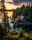 Summer Serenity: Cabin Oasis Amidst Verdant Forest, Glistening Lake, and Majestic Mountains Royalty Free Stock Photo