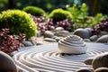 Tranquil Zen Garden: Serene Patterns in Carefully Arranged Stones and White Sand
