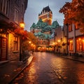 Twilight in Quebec City: Chateau Frontenac and Historic Cobblestone Streets