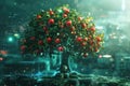 Capture the extraordinary sight of a tree heavily laden with an abundant variety of fruit, A cybernetic tree with digital fruit