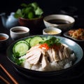 Singaporean Hainanese Chicken Rice: Fresh and Vibrant Poached Chicken with Fragrant Rice and Condiments Royalty Free Stock Photo