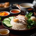 Singaporean Hainanese Chicken Rice: Fresh and Vibrant Poached Chicken with Fragrant Rice and Condiments Royalty Free Stock Photo