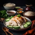 Singaporean Hainanese Chicken Rice: Fresh and Vibrant Poached Chicken with Fragrant Rice and Condiments Royalty Free Stock Photo