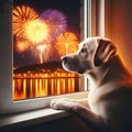 Capture the heartwarming moment as a dog watches fireworks through the window with curiosity Royalty Free Stock Photo