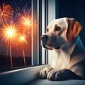 Capture the heartwarming moment as a dog watches fireworks through the window with curiosity Royalty Free Stock Photo