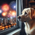 Capture the heartwarming moment as a dog watches fireworks through the window with curiosity Royalty Free Stock Photo