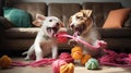 Playful Puppies Engaged in Tug-of-War with Colorful Rope Toy