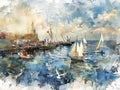 Capture a high-angle view of a bustling harbor with sailboats