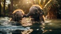 Playful Baby Elephants Splashing in Turquoise River Royalty Free Stock Photo