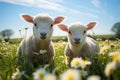 Adorable Suffolk Lambs Grazing on Lush Green Pasture with Wildflowers