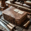 Capture the intricate art of bookbinding from a highangle view showcasing the meticulous process of stitching, folding Royalty Free Stock Photo