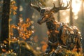 Capture the intricate details of a robotic deer in a lush digital forest setting with dappled sunlight and vivid realistic