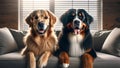 Smiling Canine Companions: A Golden Retriever and Bernese Mountain Dog at Home