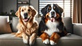 Golden Retriever and Bernese Mountain Dog Posing Together on Sofa: Home Life with Dogs