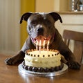 Capture the joy and excitement of a Staffordshire Bull Terrier\'s birthday celebration with this heartwarming photograph.