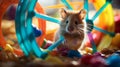 Vibrant Playtime: Young Gerbil on Colorful Spinning Wheel