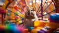 Vibrant Playtime: Young Gerbil on Colorful Spinning Wheel