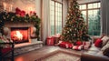 Festive Living Room: Cozy Fireplace, Colorful Decor & Presents Royalty Free Stock Photo